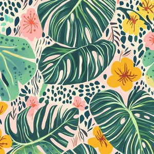 Nahtloses tropisches Muster Üppige grüne Monsterablätter Weichgrüne Palmenblätter Gelbe Hibiskusblüten Digitaler download Blassrosa Hintergrund 17