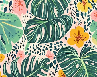 Patrón sin costuras de hojas de monstera tropical: Hibisco floral (descarga digital)