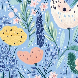 Sereen hemelsblauw bloemmotief Naadloze bloemen Vrolijke gele bloesems Behangpatroon Wildflower Lente naadloos Digitale download 16