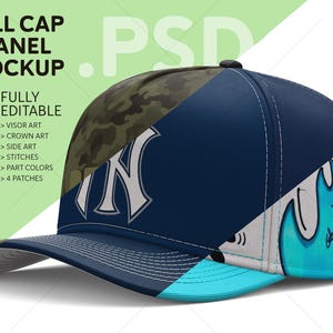 May include: A blue, white, and green baseball cap with a 5-panel design. The cap has a camouflage pattern on the front and a blue and white graphic on the back. The cap is fully editable with customizable visor, crown, side, and stitch art.  It also has 4 patches that can be customized.