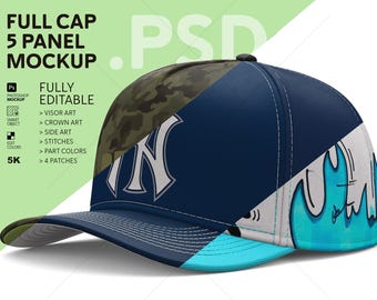 Maqueta de gorra de 5 paneles: Diseño de moda editable (Photoshop)