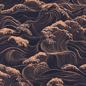 Op de afbeelding: Een naadloos patroon van gestileerde golven op een donkerblauwe achtergrond met een licht perzikkleurige kleur. De golven zijn getekend in een line-art stijl en creëren een zich herhalend patroon.