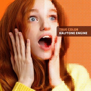 May include: A digitally manipulated image of a person with red hair, showing a surprised expression. The image is split, with one side featuring a halftone effect. Text reads "TRUE COLOR HALFTONE ENGINE" and "PHOTOSHOP SCRIPT". The person wears a yellow sweater.