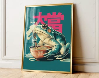 Arte de ramen de rana con gran premio, decoración de pared japonesa en verde azulado, descarga digital asiática 040