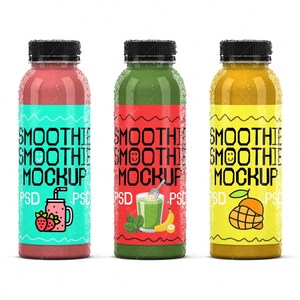 May include: Three plastic bottles filled with colorful smoothies. Each bottle has a black cap and a label with the words "SMOOTHIE MOCKUP" and a fruit illustration. The bottles are covered in water droplets.