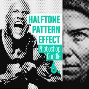 May include: Halftone Pattern Effect Photoshop Bundle 6. A black and white image of two people with a halftone pattern effect. The text "Halftone Pattern Effect Photoshop Bundle 6" is in teal.