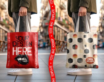 Maqueta de bolso de mano callejero realista (PSD) / Bolso de lona de estilo de vida, objeto inteligente / Exhibición de marca y diseño para tiendas de Etsy