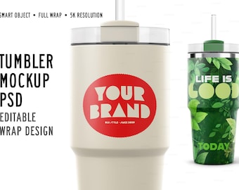 Maqueta PSD de vaso térmico: diseño y colores de envoltura editables.