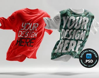 Maqueta PSD de camiseta voladora dinámica: Presentación de diseño de prendas realistas