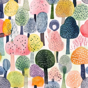 May include: A watercolor illustration of a whimsical forest with colorful trees. The trees are painted in shades of pink, blue, green, yellow, and orange. The illustration is perfect for adding a touch of whimsy to any space.