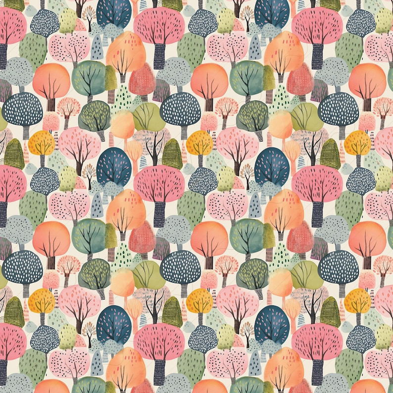 Colorful Woodland Tree Seamless Pattern: Boho Forest Design (JPEG File ...