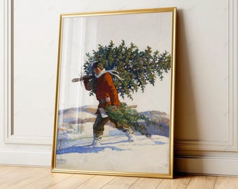 Impresión de árbol de Navidad, arte mural vintage de invierno, ilustración navideña, hombre cargando un pino, decoración nostálgica de granja, descarga digital 02