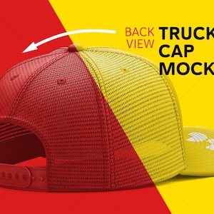 Puede incluir: Vista posterior de una maqueta de gorra de camionero roja y amarilla. La gorra tiene una parte trasera de malla y un panel frontal sólido. El texto "BACK VIEW TRUCKER CAP MOCKUP" es visible en la imagen.