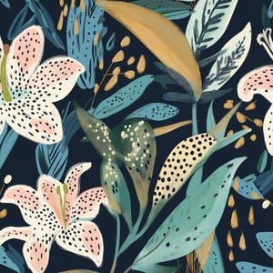 Feuillage sans couture motif fleurs de lys botanique art numérique fond bleu marine motif répété conception de tissu papier peint usage commercial 8