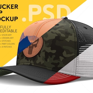 May include: A black and green camouflage trucker cap with a red brim and a black mesh back. The cap has a leather patch with a skull design on the front. The text "FULLY EDITABLE" is on the left side of the image. The text "PSD" is on the right side of the image.