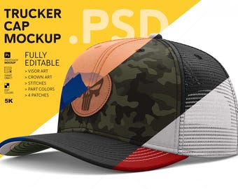 Maqueta de gorra de camionero editable: Plantilla de Photoshop personalizable (descarga digital)
