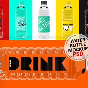 Plastic Bottle Mockup PSD – Custom Label, Cap, Liquid & Background – Smart Object for Juice, Water, Beverage Packaging Design