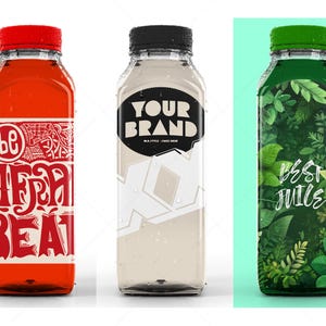 Square PET Bottle Juice Mockup PSD | Realistic Layered Photoshop Template for Custom Label Design