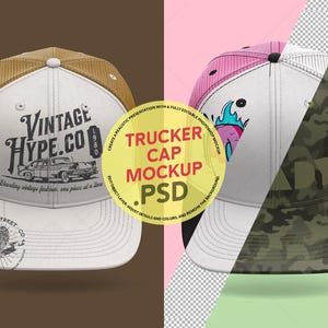 May include: Two trucker caps with different designs. The first cap is white with a brown mesh back and features a vintage car graphic with the text "Vintage Hype.Co 1980" and "Classic Street Co". The second cap is white with a pink mesh back and features a cartoon graphic of a flame and a fish with the text "Trucker Cap Mockup .PSD".