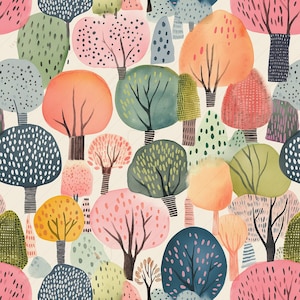 May include: A seamless pattern featuring a variety of colorful trees with different shapes and textures. The trees are painted in a watercolor style and have a whimsical, abstract look.