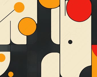 Könnte beinhalten: Abstraktes geometrisches Design mit schwarzen, weißen, orangefarbenen und roten Formen. Das Design enthält eine Vielzahl von Formen, darunter Kreise, Quadrate und Rechtecke.