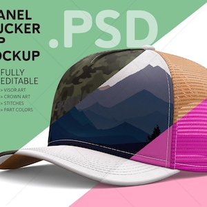Może przedstawiać: Makieta czapki truckerowej z 5 paneli z białym panelem przednim, koroną w kamuflażu, bocznym panelem z siatki w kolorze beżowym i tylnym panelem z siatki w kolorze różowym. Czapka ma wzór krajobrazu górskiego na przednim panelu.
