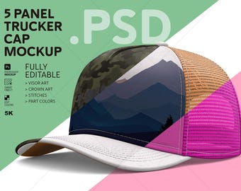 Maqueta de gorra de camionero de 5 paneles / Plantilla de Photoshop para gorra en ángulo / Sesión fotográfica realista en estudio