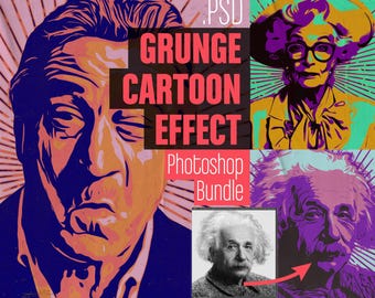 Plantilla PSD con efecto de dibujos animados grunge: Arte de retrato editable (descarga digital)