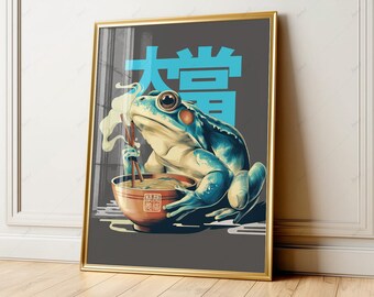 Impresión artística japonesa de ramen de rana caprichosa, ilustración azul verdoso (descarga digital) 41