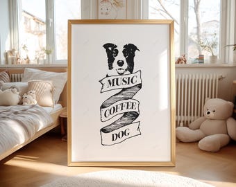 Lámina artística de música, café y perro, ilustración en blanco y negro, descarga digital, decoración para amantes de las mascotas 046