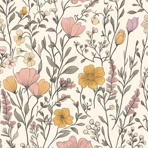 Vintage botanisches nahtloses Muster Kalifornische Mohnblumen Lavendel Zweige Salbeigrün Laub Frühlingsmuster Gedämpfte und Pastelltöne 20
