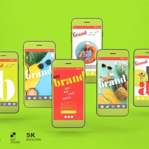 May include: A collection of green smartphones displaying various app interfaces with the word "brand" overlaid. The screens showcase colorful designs with tropical themes, including a person with a life preserver, and the text "my brand".