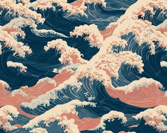 Diseño sin costuras de olas japonesas / Arte marino Ukiyo-e (Descarga digital)