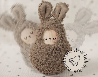 Toddler toy - large Roly Poly Rabbit 17 cm. Roly poly toy with steel bell inside. Tumbler wooden toy. Gift for babies and baby shower idea.