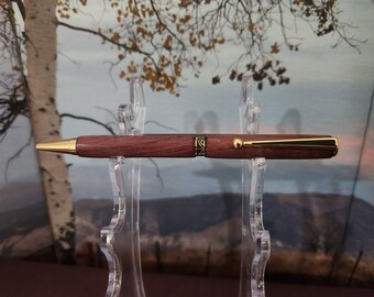 Purpleheart Pen with Gold and Black Decorative Band and Black Strip Clip