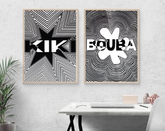 Kiki Bouba Trendy Retro Printable Wall Art  , Minimalist Digital Prints, 2 picture wall art set, Instant Download Art