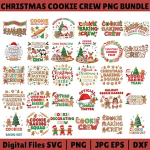 May include: A digital PNG bundle featuring various Christmas-themed designs. The designs include text such as "Cookie Baking Crew," "Christmas Cookie Team," and "Official Christmas Cookies Tester." Gingerbread men, Santa Claus, and Christmas trees are also featured.