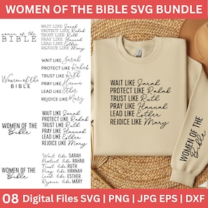 Kobiety Biblii SVG Bundle, Boho Christian Svg, Cytaty religijne Svg, Wersety biblijne Svg, Projekty koszulek z rękawami Svg, Motywacyjne Svg