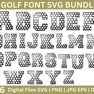 Alphabet polices de golf & chiffres svg, svg golf, balle de golf svg, svg alphabet universitaire, police universitaire, svg sports, lettres de golf, golf Silhouette SVG