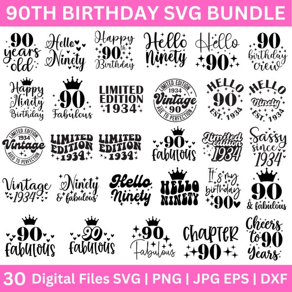 90th Birthday SVG Bundle, Digital Download Gift Idea for Men, Women, Grandma, Grandpa, Cut Files for Cricut