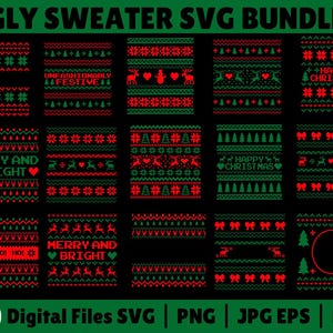 May include: A digital SVG bundle featuring 20 Christmas-themed designs. The designs include various patterns and text elements like "Merry and Bright" and "Happy Christmas", in red and green on a black background. The bundle includes SVG, PNG, JPG, EPS, and DXF files.