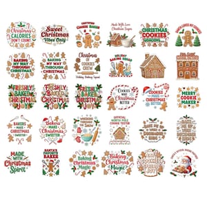 Puede incluir: Una colección de pegatinas con temática navideña con varias frases festivas e ilustraciones de hombrecitos de jengibre. Las pegatinas presentan textos como "Christmas Calories Don't Count" y "Freshly Baked Christmas Joy".