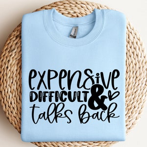 May include: Light blue sweatshirt with black text that reads "Expensive, Difficult & Talks Back".
