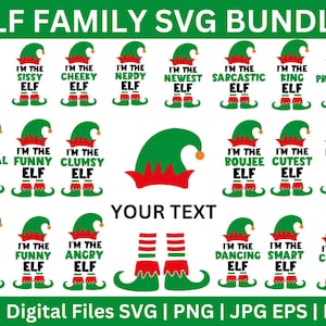 Op de afbeelding: Een set van 31 digitale bestanden met elf-familie SVG-ontwerpen. De ontwerpen bevatten verschillende elf-personages met verschillende zinnen, zoals "Ik ben de papa-elf", "Ik ben de sissy-elf", "Ik ben de ondeugende elf", en meer. De ontwerpen zijn perfect voor het maken van gepersonaliseerde kerstambachten en decoraties.