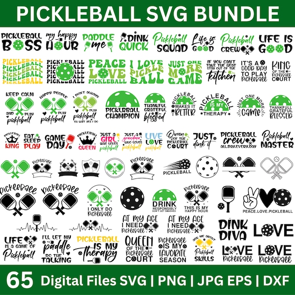 65 Pickleball SVG Bundle, Pickleball SVG, Pickleball Mom SVG, Pickleball Court Svg, Pickleball Paddles, Pickleball shirt, Digital Download