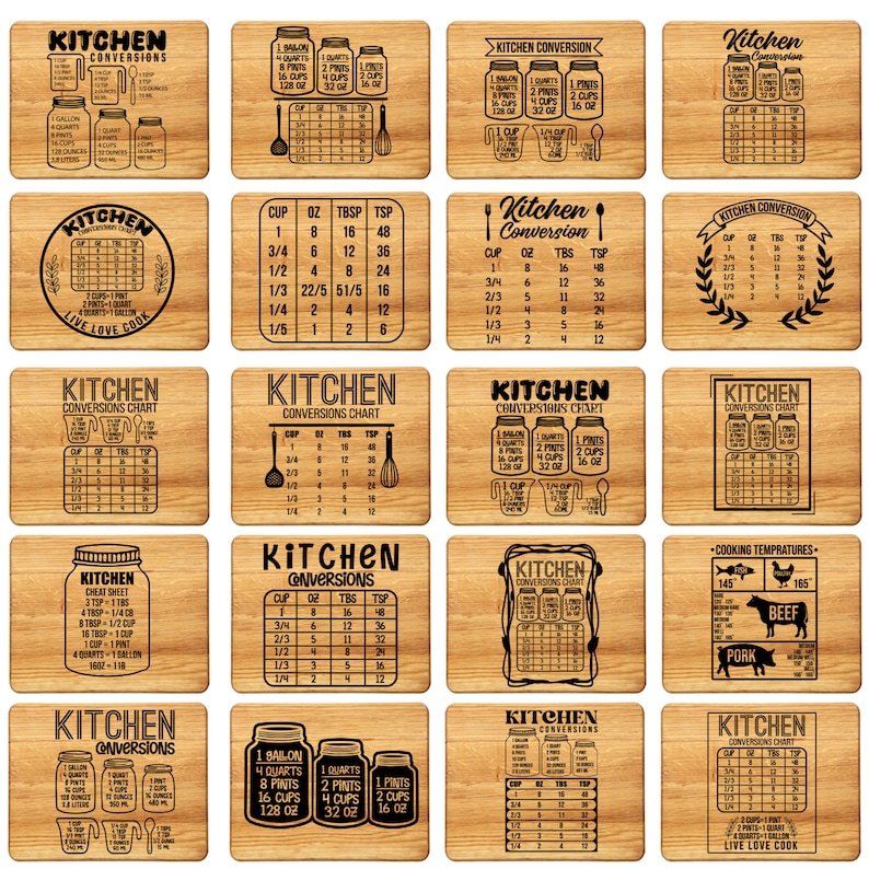 May include: A set of 16 wooden kitchen conversion charts with various measurements for cups, ounces, tablespoons, teaspoons, pints, quarts, and gallons. The charts are printed with black text and feature a rustic wood grain design.