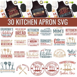 Puede incluir: Un conjunto de 30 diseños SVG para delantal de cocina con diferentes citas e ilustraciones con temática de cocina. Los diseños incluyen frases como "La cocina de la abuela", "Danos hoy nuestro pan de cada día", "Cocina, toda la comida picada con amor", "La cocina de mamá" y "Esta cocina está sazonada con amor".