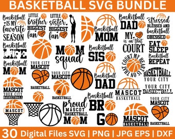 May include: A set of 30 digital files for crafting projects featuring basketball-themed designs. The designs include phrases like "Basketball is my favourite season", "Basketball Life", "Mom Squad", "Basketball Dad", "Your City Mascot", and "Proud Mascot Basketball Mom".