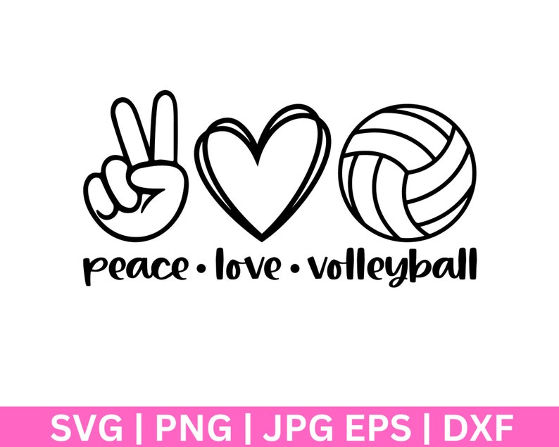K&ouml;nnte beinhalten: Schwarzwei&szlig;es Grafikdesign mit einem Peace-Zeichen, einem Herzen und einem Volleyball. Der Text "peace love volleyball" befindet sich unter der Grafik.
