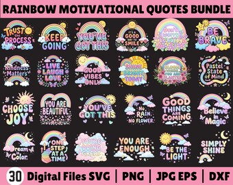 Positieve citaten png-bundel, pastel regenboog motiverende citaten, positieve affirmaties png, schattige inspirerende png, afdrukbare stickers